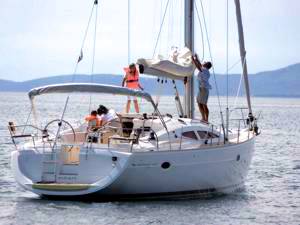 A family enjoy their sailing holiday aboard an Elan Impression 434 sailing yacht. Image courtesey of Elan d.o.o.