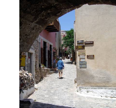 Sailing holiday locations in Greece: Looking up the ‘main street’ of Monemvasia from the exit from the entrance tunnel through the town wall