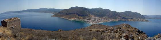 Sailing holiday locations in Greece: Looking back from the plateau on the top of Monemvassia towards the mainland and new town of Yerifa
