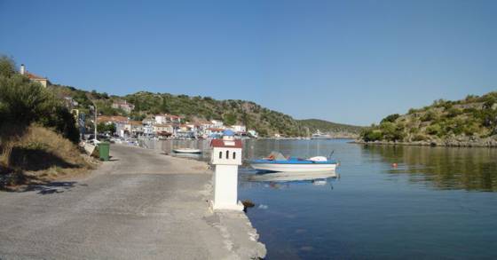 Sailing holiday locations in Greece: Looking towards the entrance of the ‘fjord’ from the narrows which lead to the lagoon