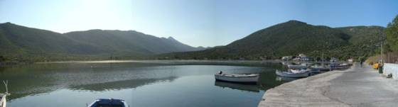 Sailing holiday locations in Greece: Looking across the salt water lagoon at the head of the ‘fjord’