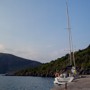 A yacht on bareboat charter rests in the evening light, Kipirissi, Peloponnese, Greece