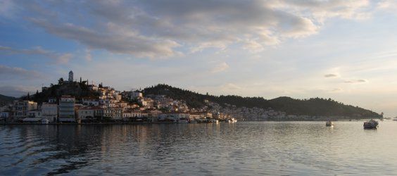 View of Poros town from Limin Poros with the south channel to the right of the town